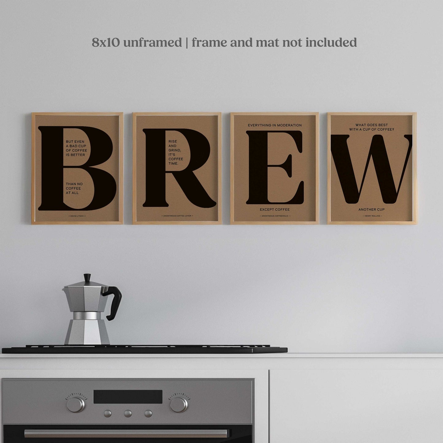 BREW Wall Art - 4 Piece Kitchen Decor with Coffee Quotes on Recycled Paper