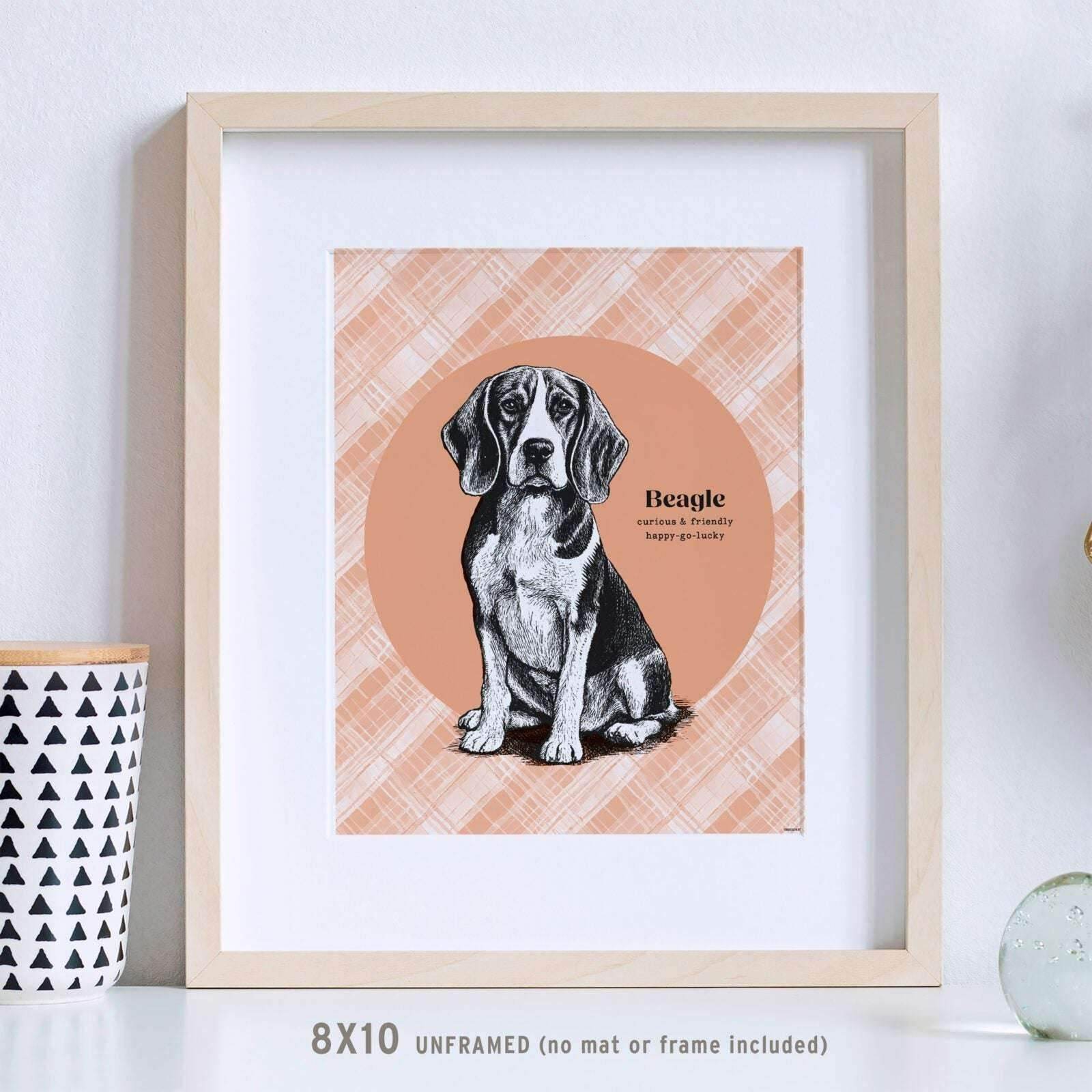 Beagle drawing displayed in an 8x10 wood frame, elegantly placed on a table for a charming decor accent.