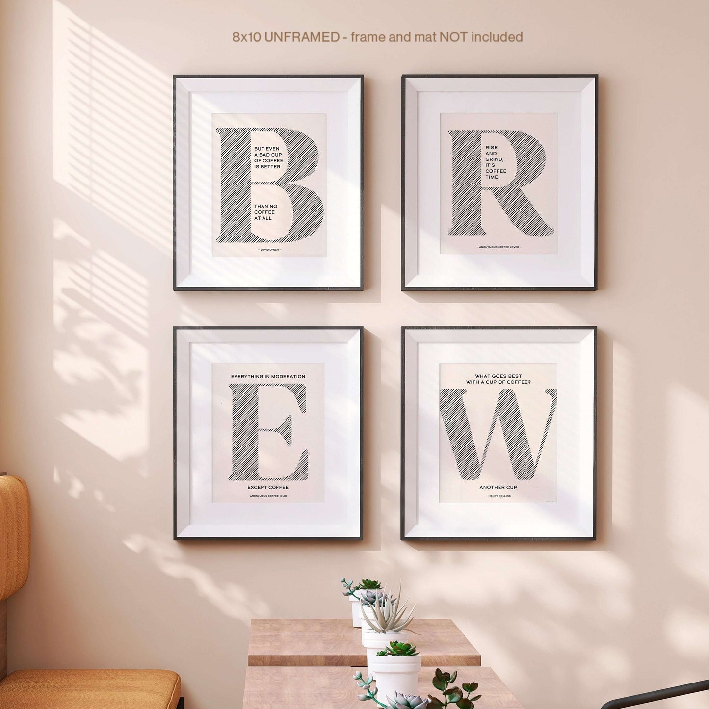 BREW Wall Art - 4 Piece Kitchen Decor with bold typography and coffee quotes on recycled paper.