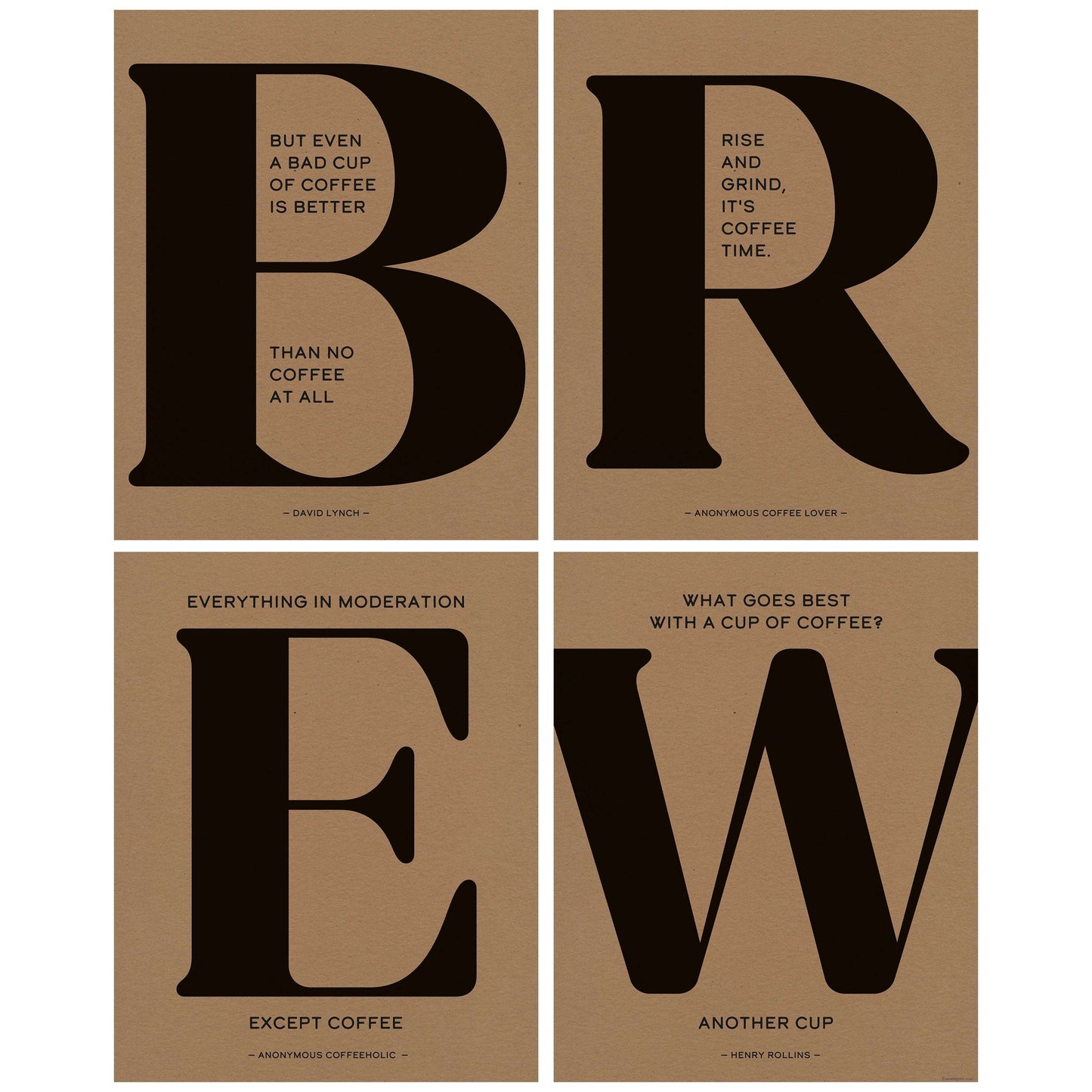 BREW Wall Art - 4 Piece Kitchen Decor featuring bold typography and coffee quotes on Kraft Brown paper.
