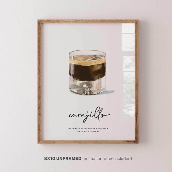 Hand-drawn Carajillo cocktail wall art, 8x10-inch print featuring espresso bubbles and Licor 43.