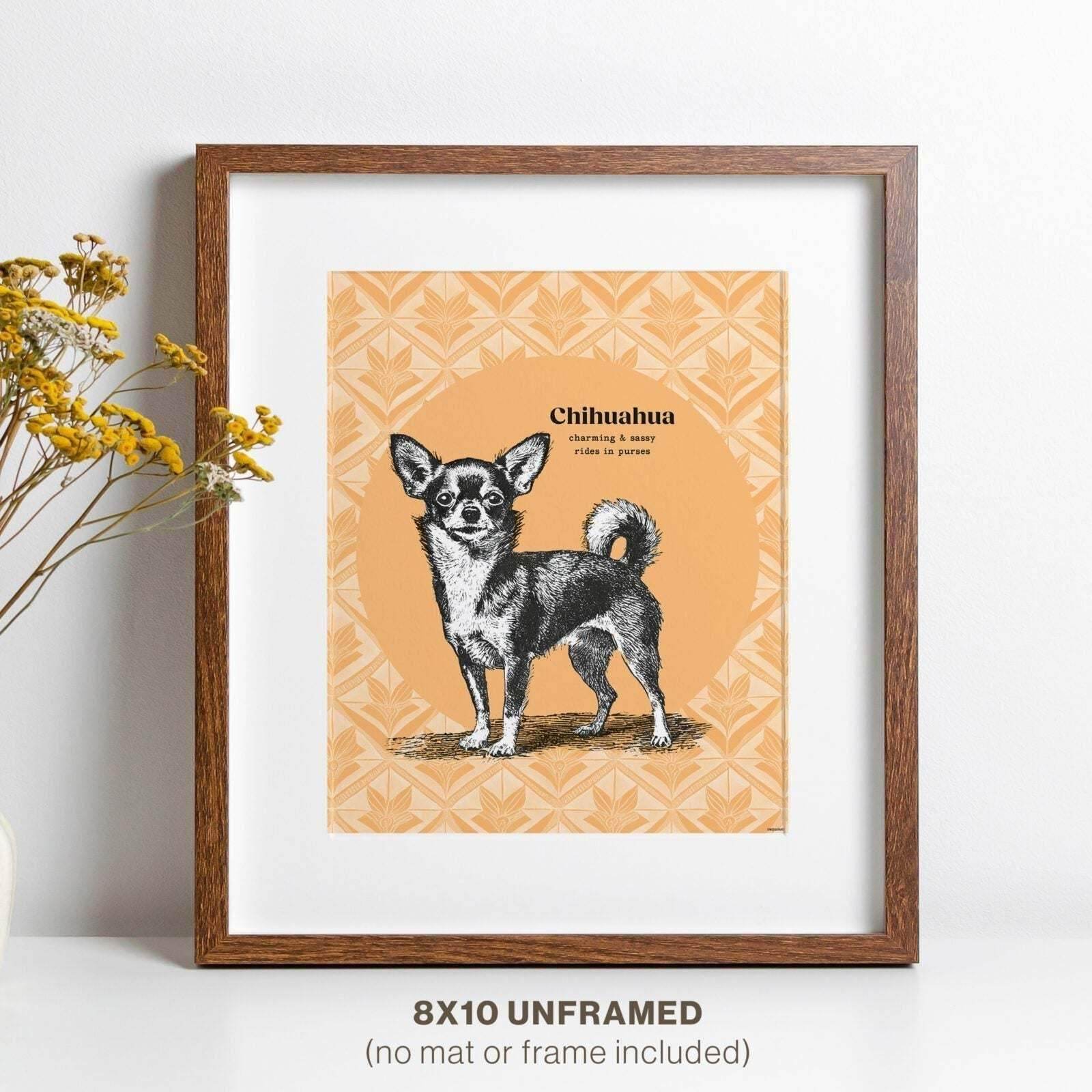 Modern wood frame with 8x10 Mod Day Art Chihuahua Drawing.