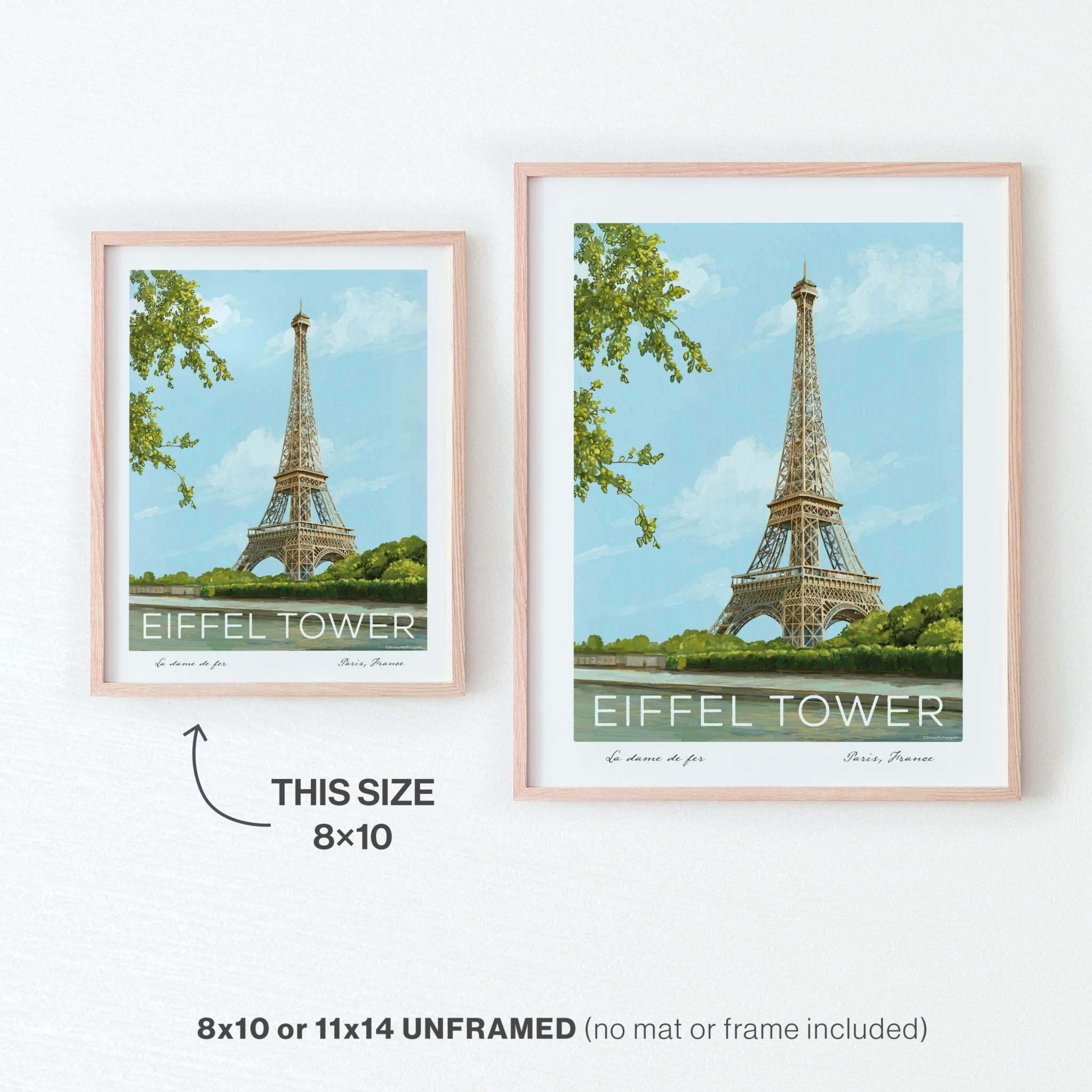Paris Eiffel Tower painting size comparison featuring 8x10 and 11x14 inch prints displayed in frames (frames not included)