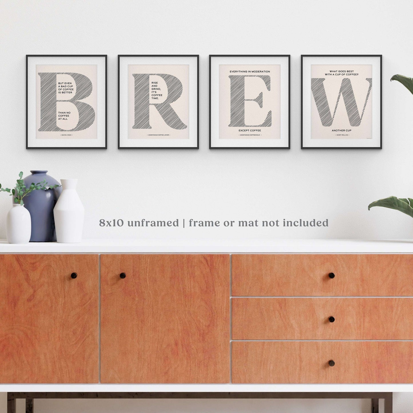 BREW Wall Art set of 4 kitchen decor prints with bold typography on recycled paper.
