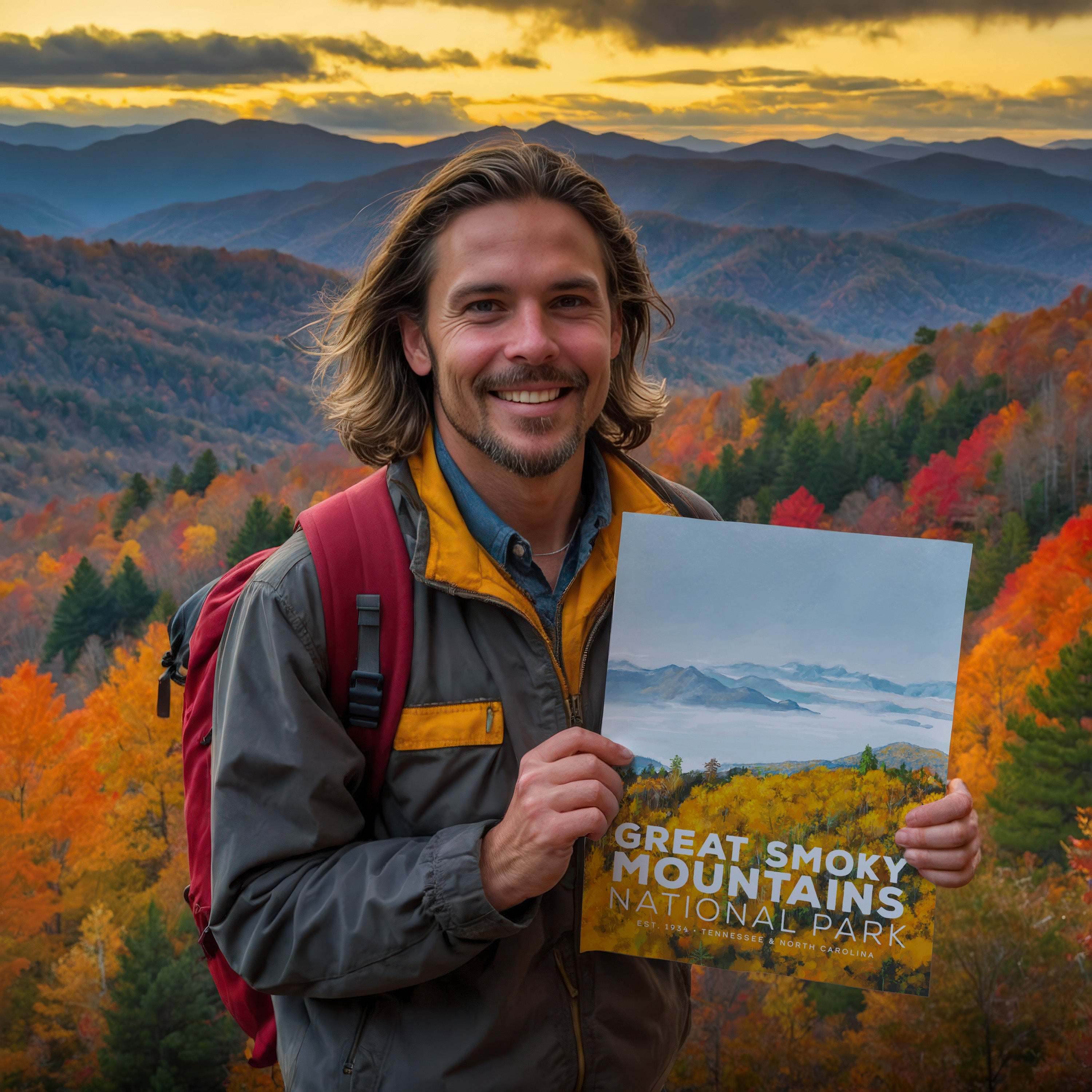 Smoky Mountains National Park poster with hiker