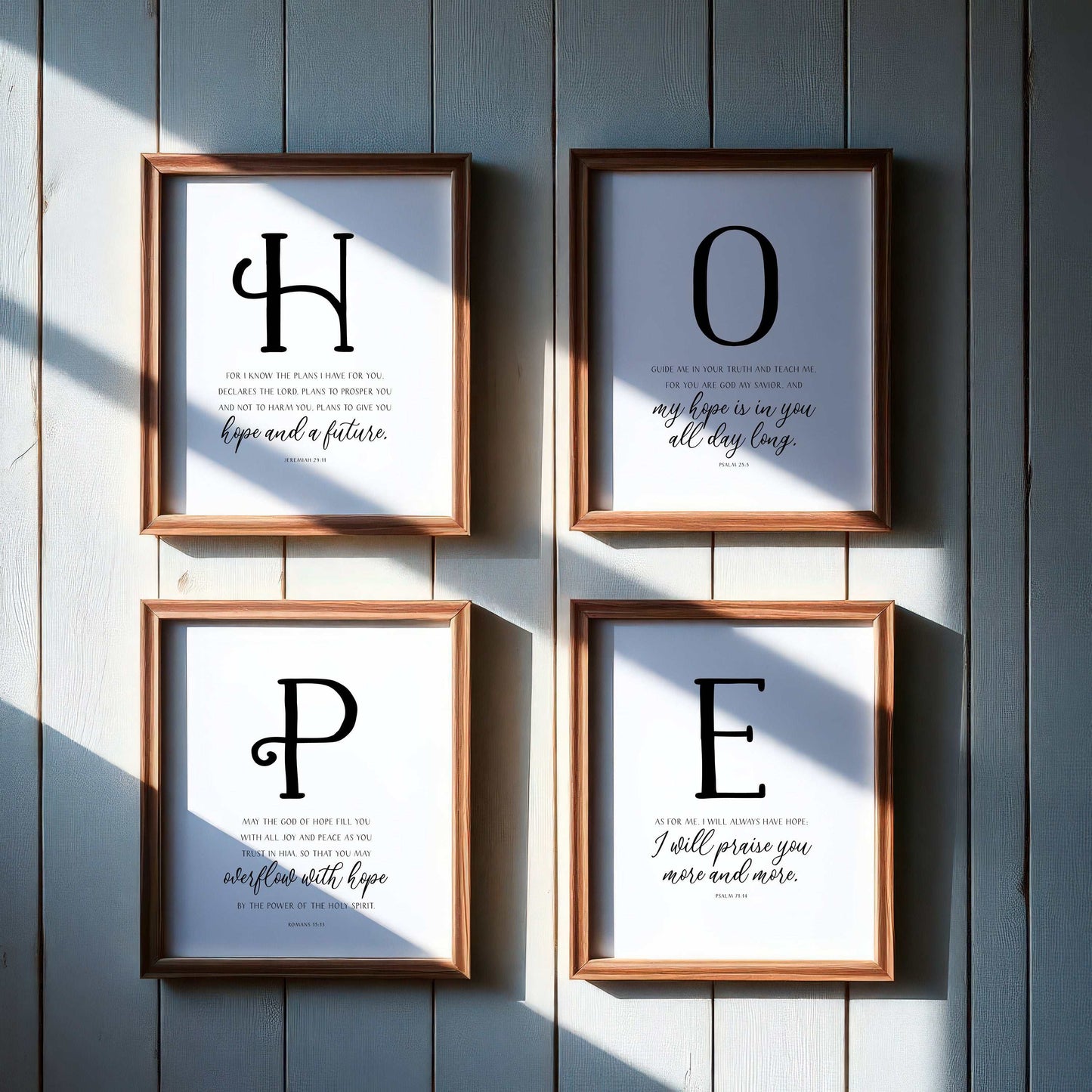 Hope Bible verses wall decor set, featuring hand-lettered style with inspirational scriptures, 8x10 inches, 4 pieces.
