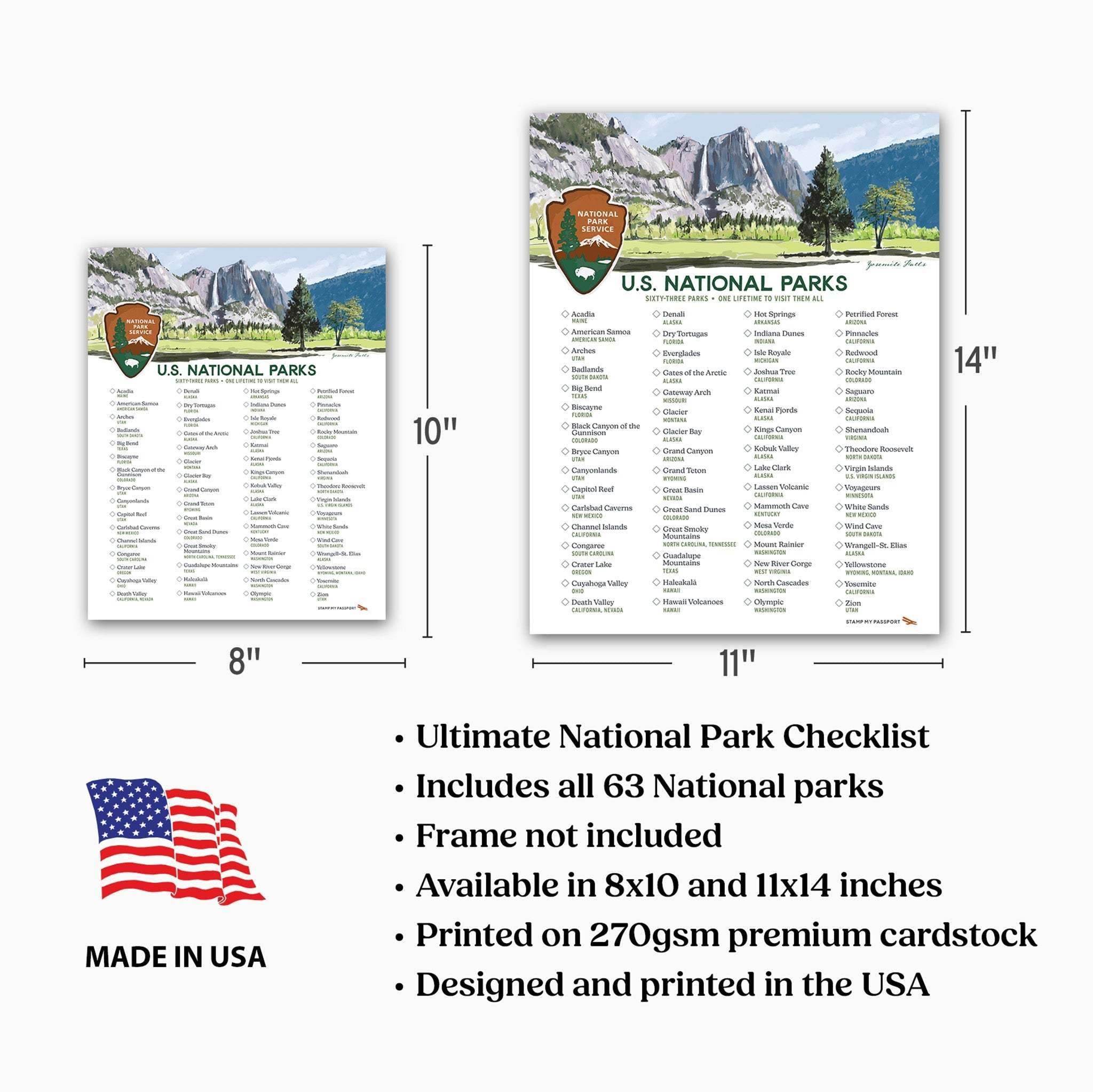 Ultimate checklist of national parks available in 8x10 and 11x14 inches