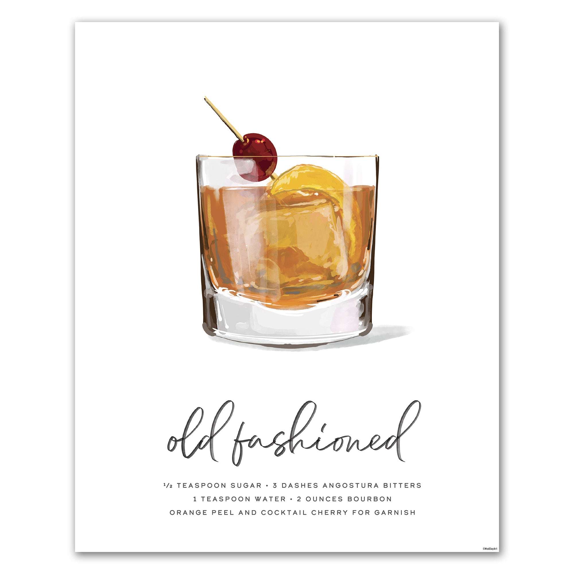Old Fashioned recipe cocktail art featuring a glass of old fashioned cocktail with cherry and orange peel on a white background