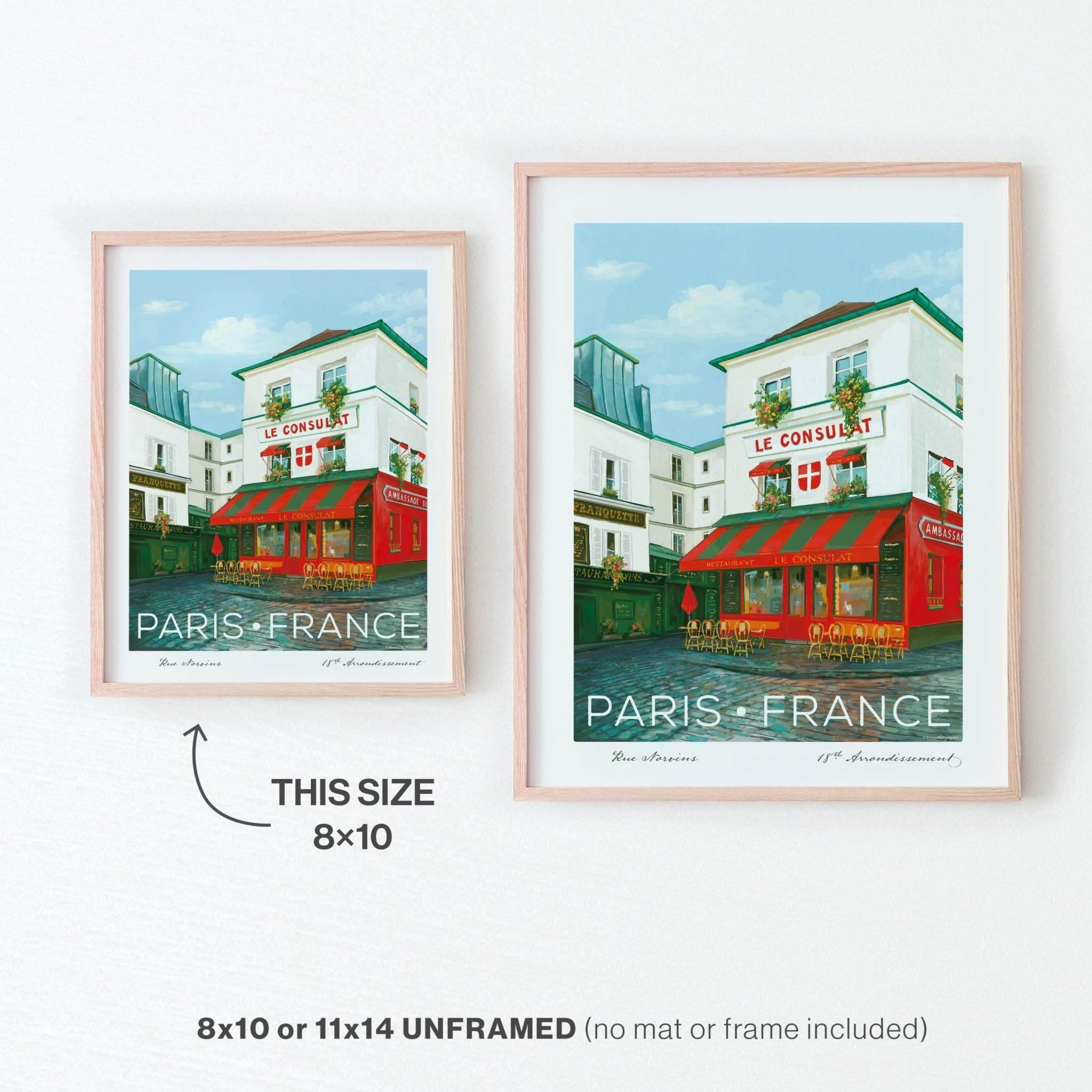 Le Consulat Paris Wall Art size comparison showcasing the 8x10 inch print alongside the larger 11x14 inch option for reference.