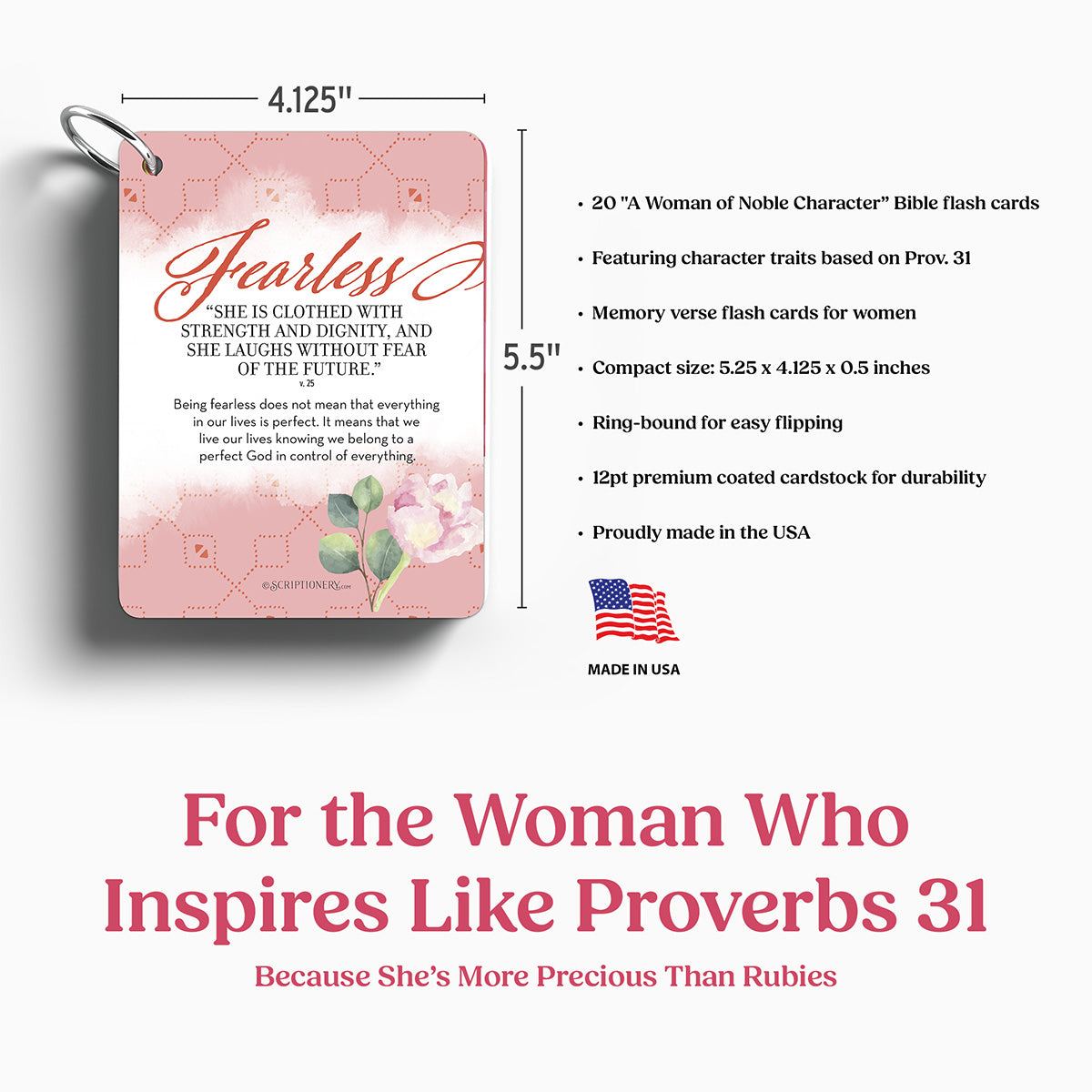 Proverbs 31 Bible Flashcard deck  with dimensions and features for a card set titled 'For the Woman Who Inspires Like Proverbs 31'.