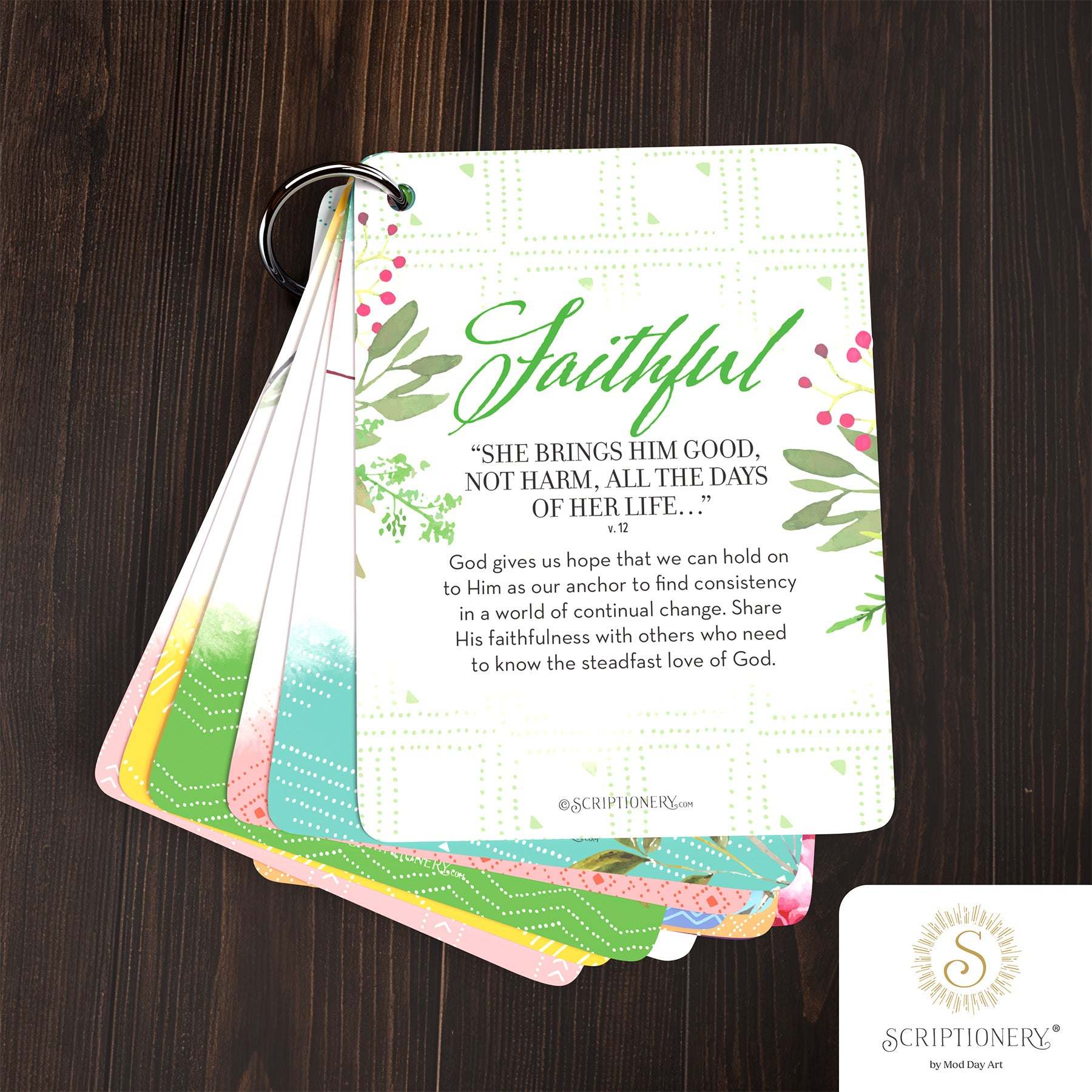 Set of Proverbs 31 women's devotional cards with 'Faithful' design and text on a wooden surface, featuring the Scriphonery brand.
