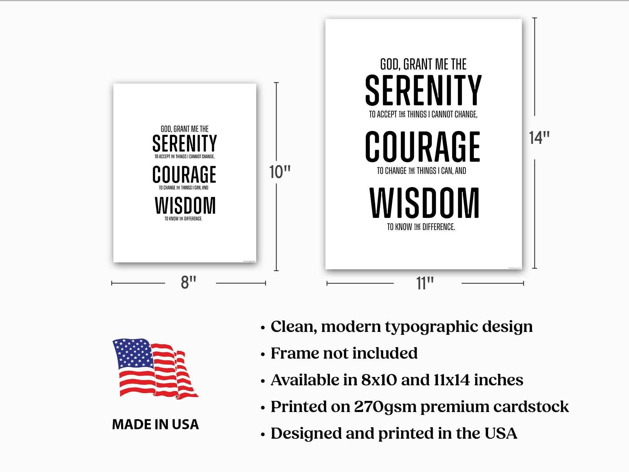 Serenity Prayer Wall Art in block print style, minimalist black and white design, modern typographic inspiration piece.