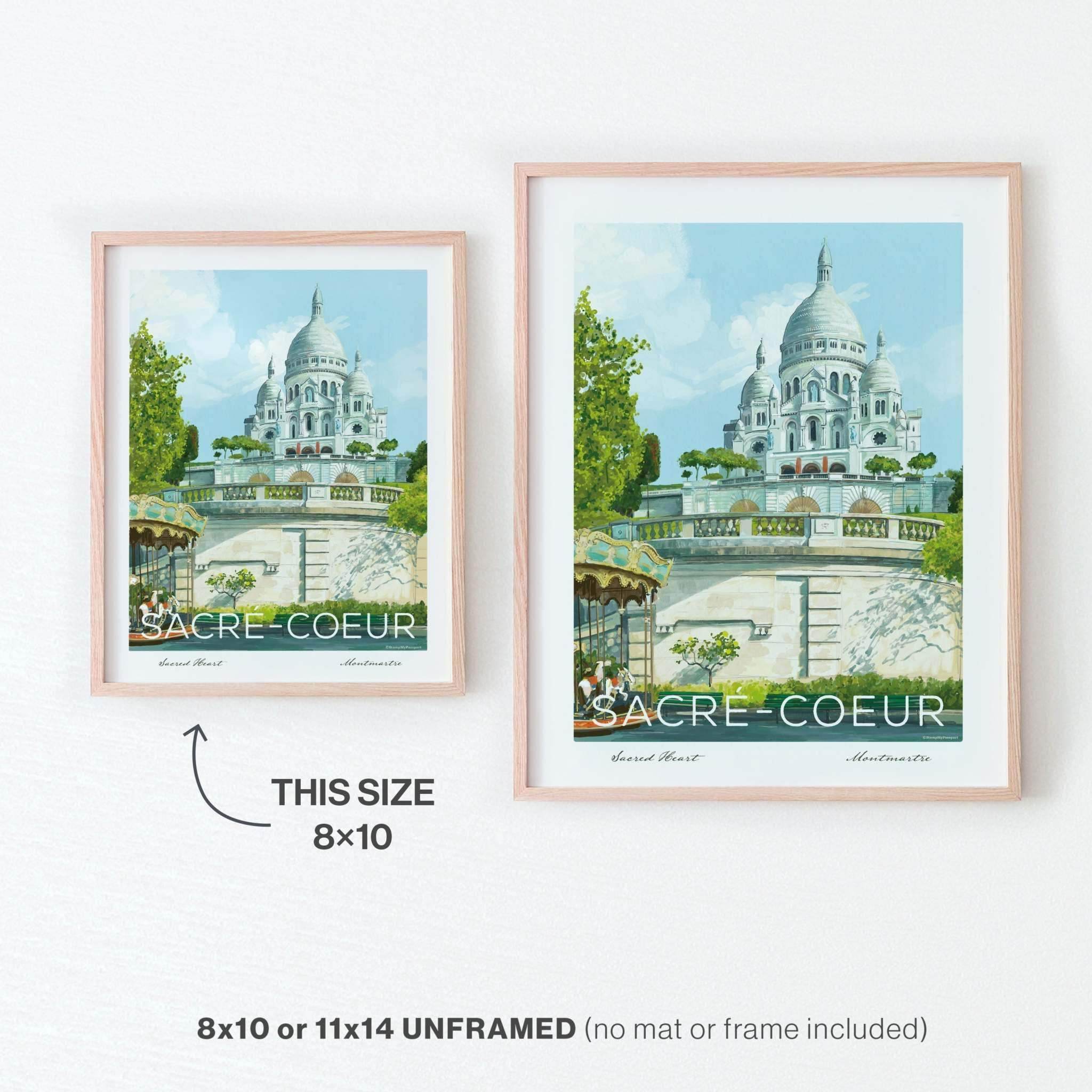 Sacre Couer art print featuring Montmartre illustration, available in 8x10 or 11x14 inches, unframed.