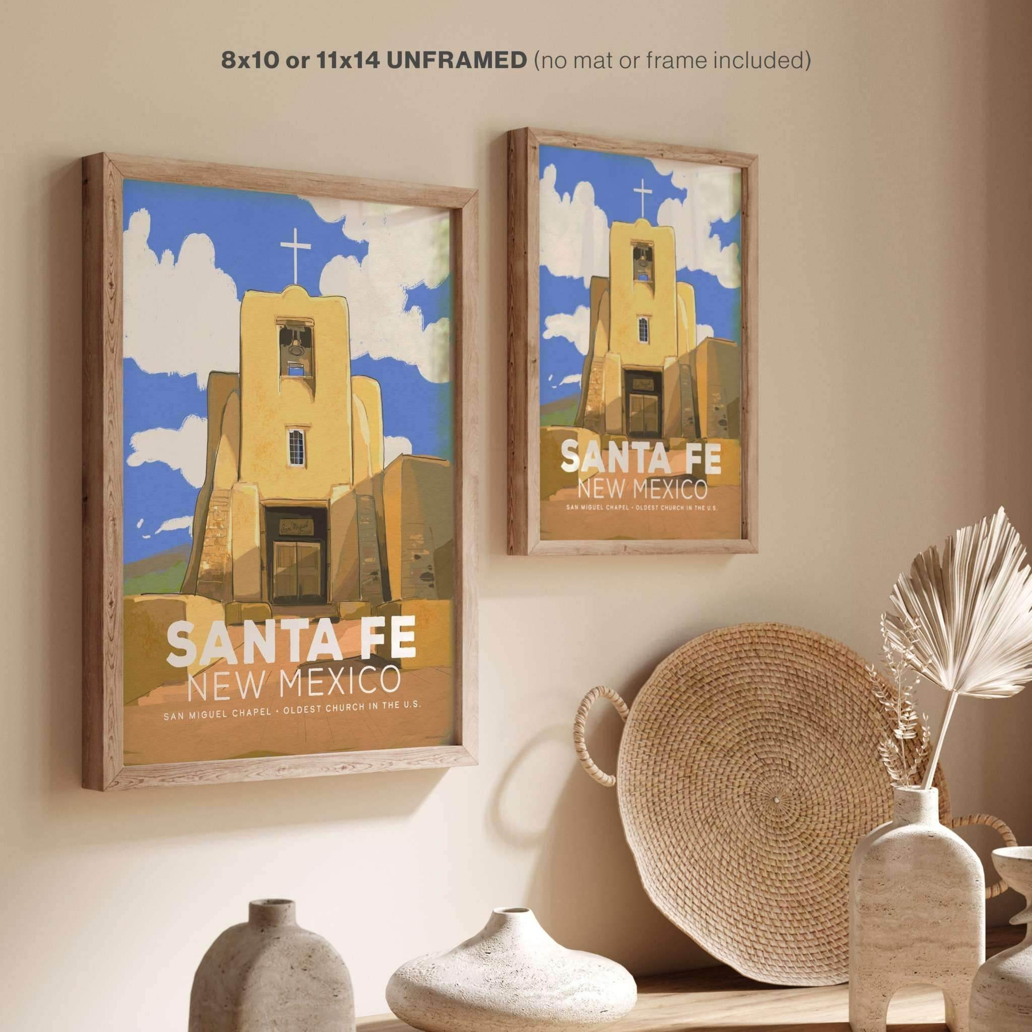 San Miguel Chapel vintage poster, illustrating historic architecture in Santa Fe, available in 8x10 or 11x14 inches, unframed.