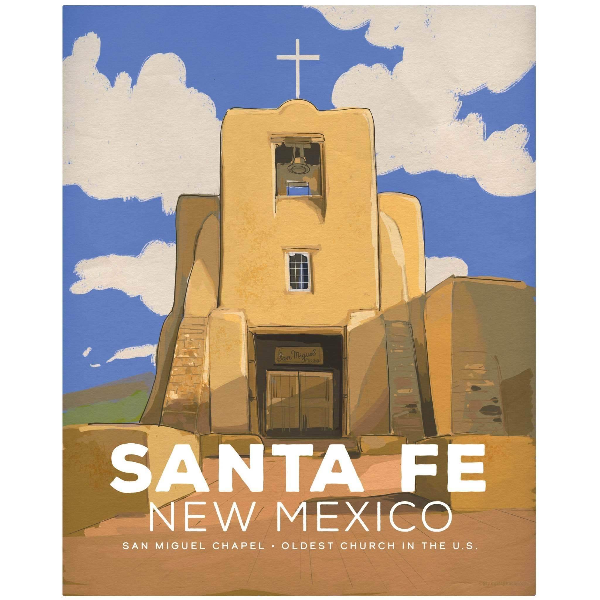 San Miguel Chapel vintage poster, Santa Fe, New Mexico, unframed 8x10 or 11x14 inches.