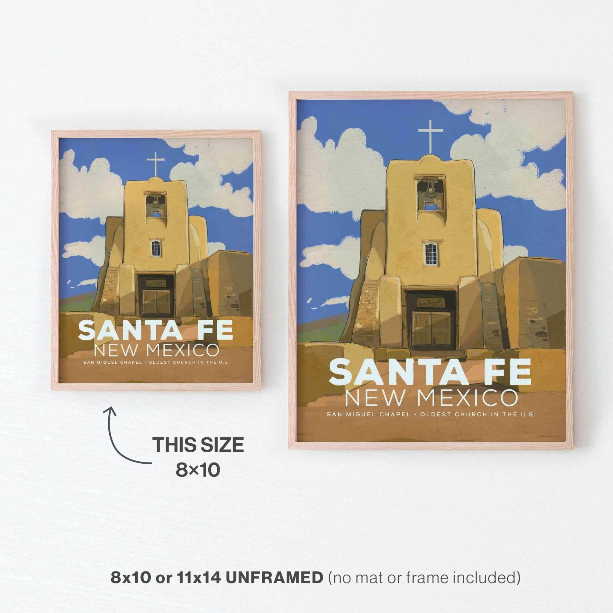 San Miguel Chapel poster, Santa Fe, vintage illustration, unframed, 8x10 or 11x14 inches.