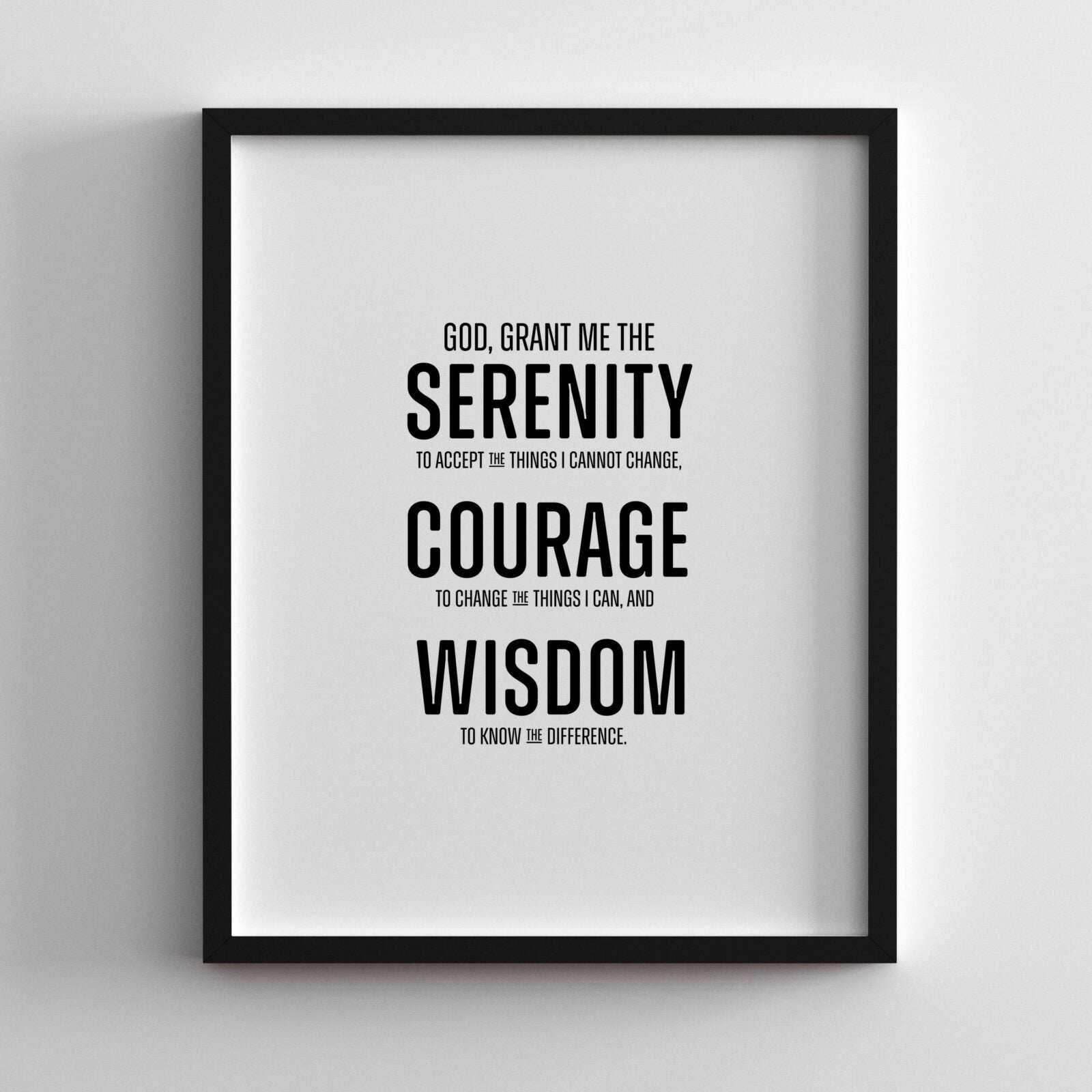 Modern Serenity Prayer wall art in minimalist black and white block print style
