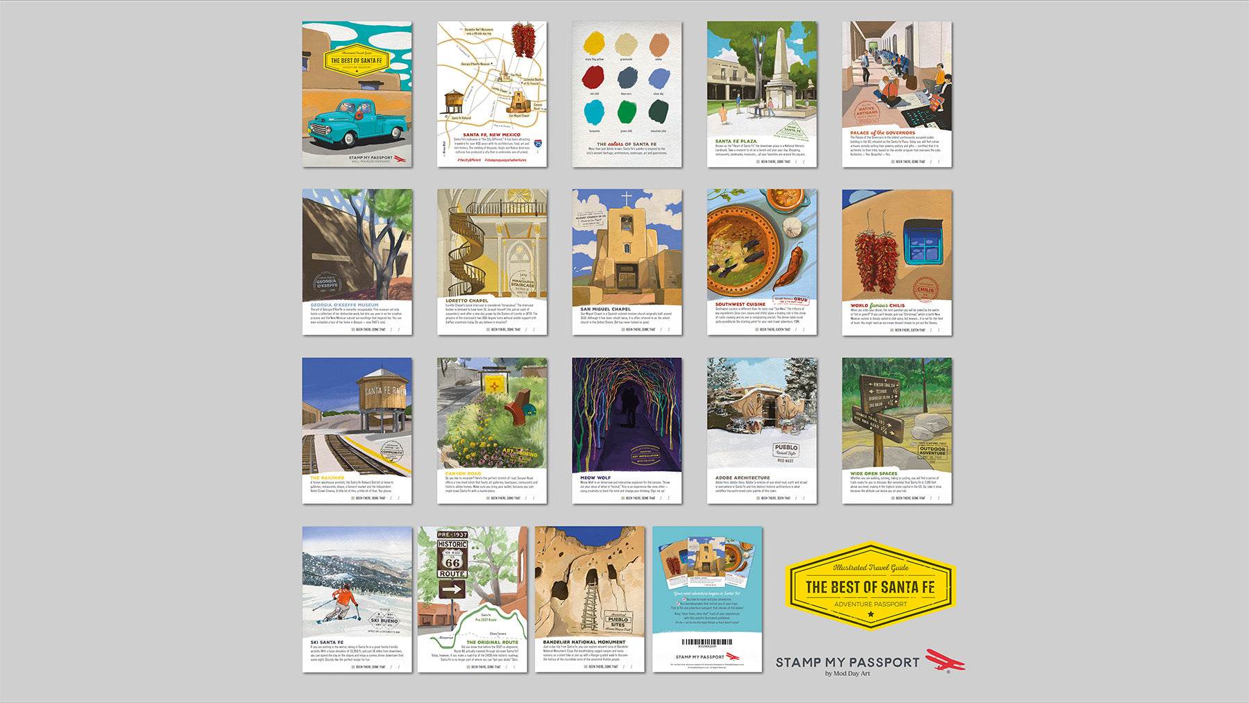 Collection of travel-themed cards on a gray background with 'Santa Fe' branding.