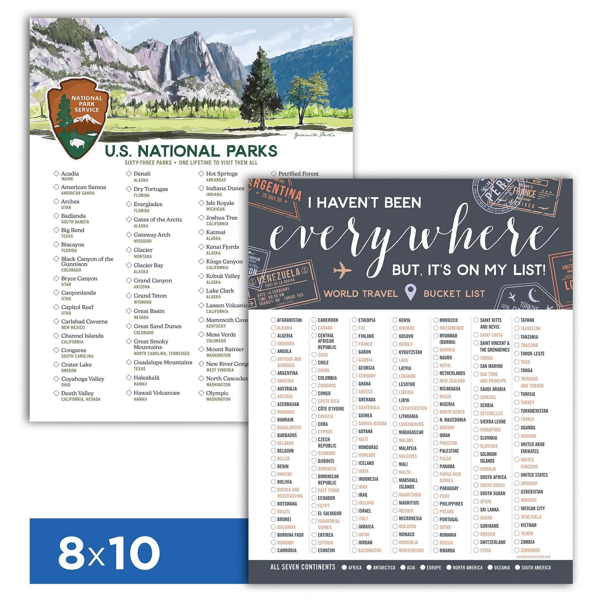 Travel Been to Checklist Poster and U.S. National Parks Tracker bundle for marking global and national adventures