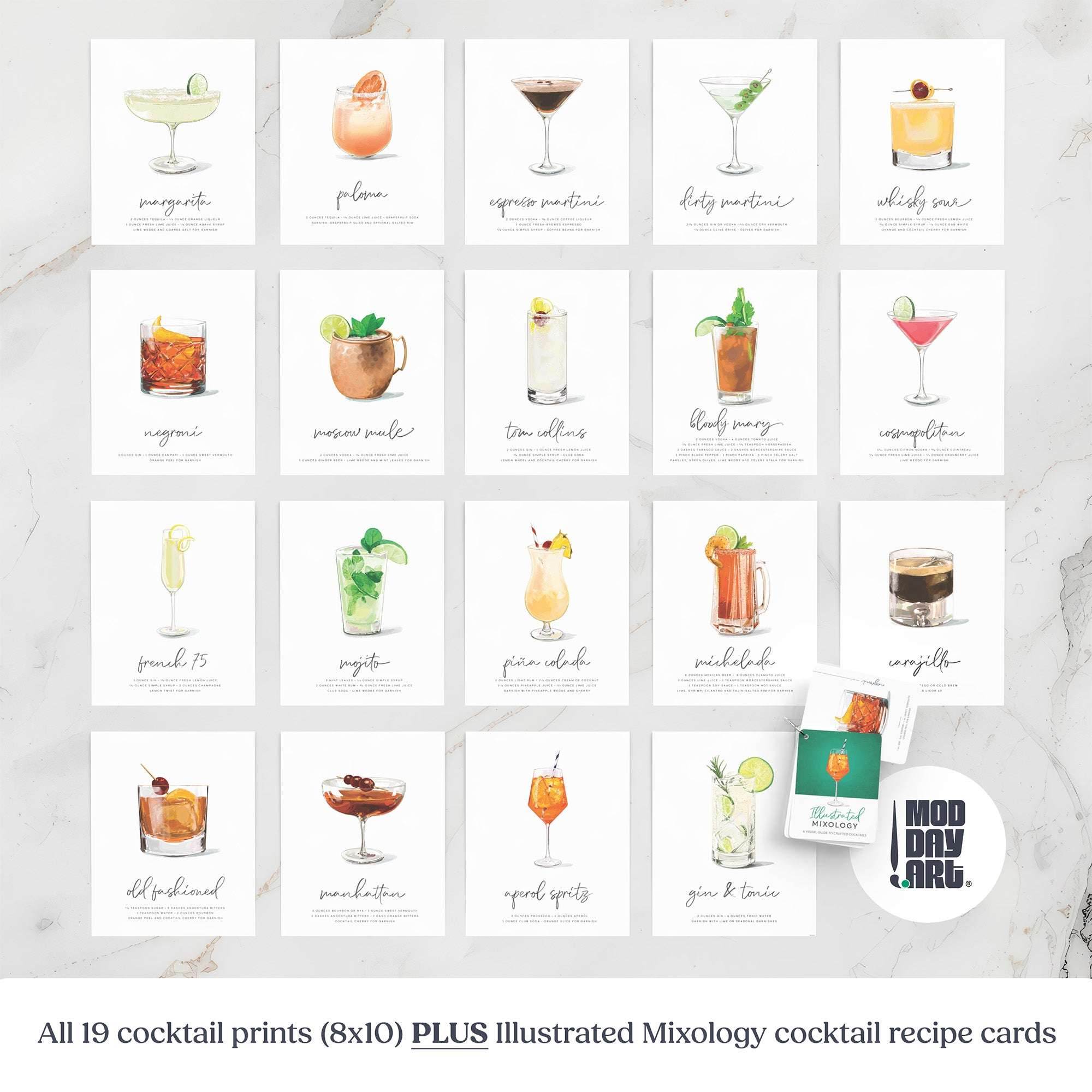 Illustrated mixology cocktail recipe cards on a marble surface with Mod Day Art vintage cocktail poster collection