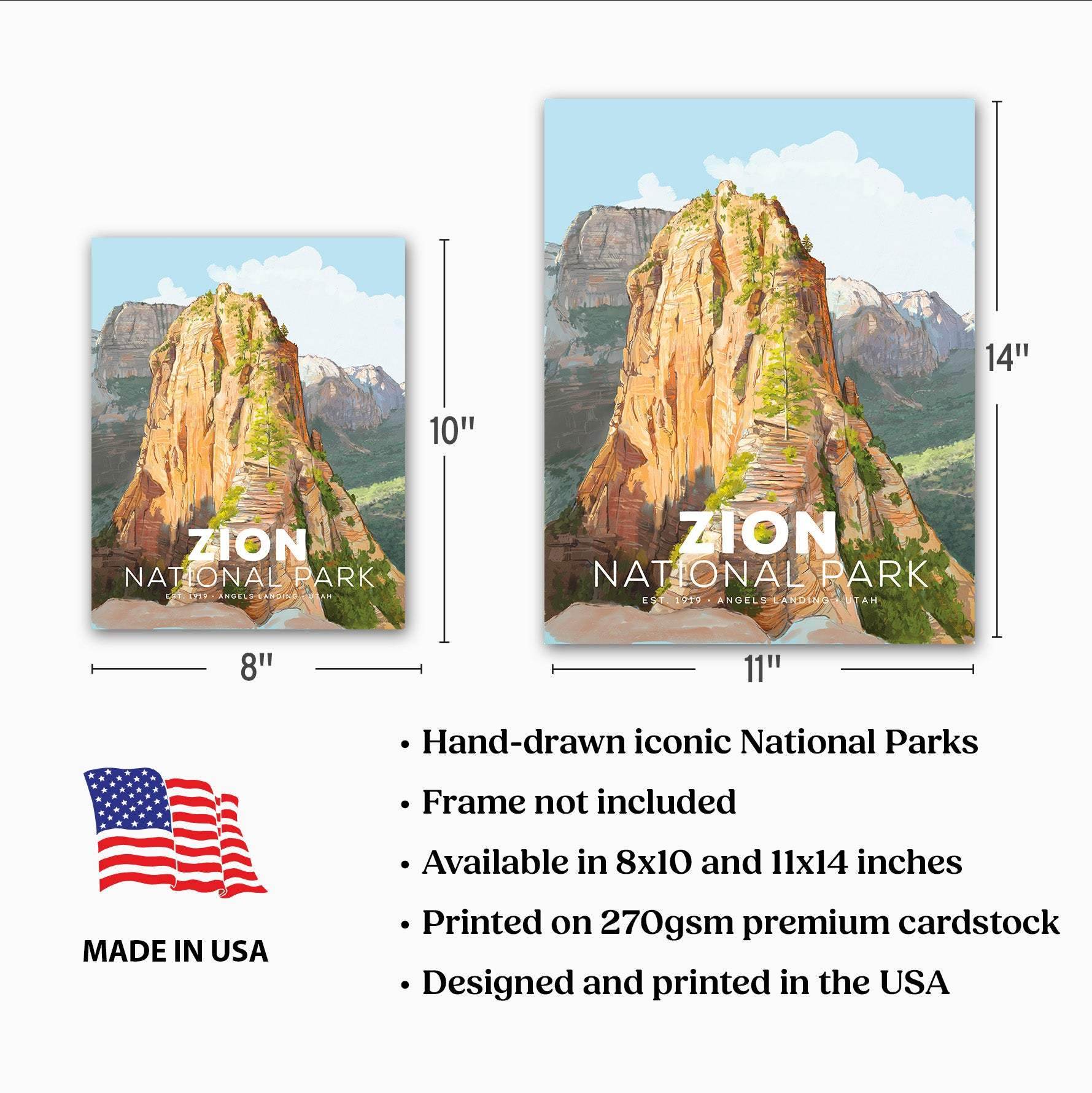 Zion National Park Poster featuring Angels Landing, available in 8x10 and 11x14 inches, perfect for nature lovers.