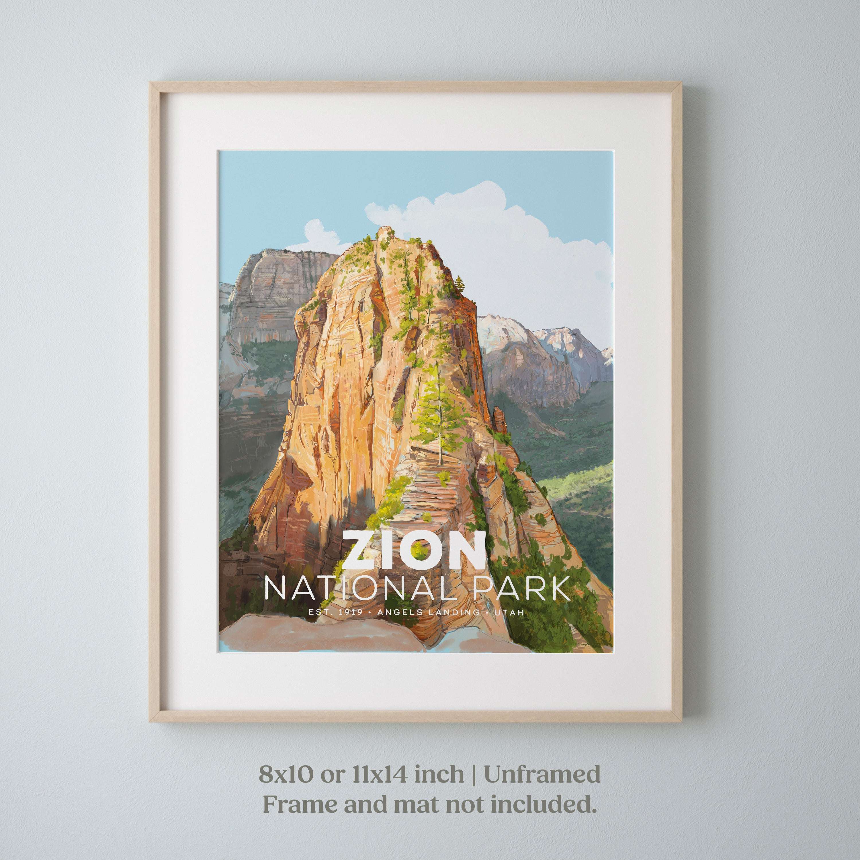 Framed poster of Zion National Park with a mountain and text on a gray background