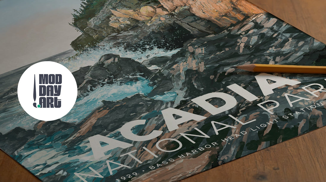 Close-up of the hand-illustrated Acadia National Park poster on a wooden table with a pencil, Mod Day Art logo overlay.