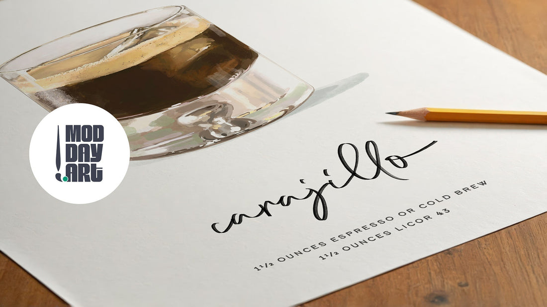 Hand-drawn Carajillo coffee cocktail illustration beside the handwritten espresso and Licor 43 recipe, Mod Day Art logo overlay.