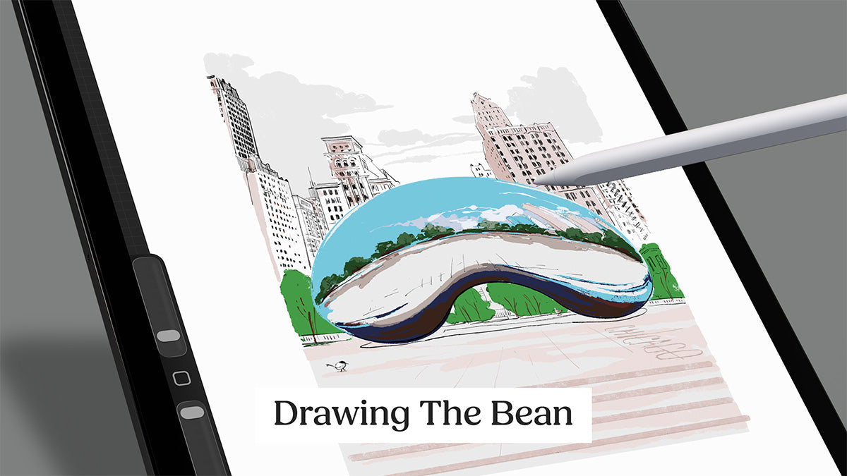 Hand-illustrated Chicago art print featuring Cloud Gate at Millennium Park — drawing process from reference photo to finished city wall art by Mod Day Art