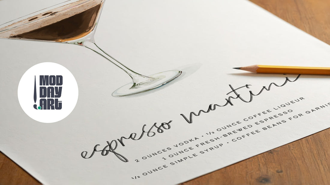 Hand-drawn Espresso Martini illustration in a martini glass beside the handwritten vodka and coffee liqueur recipe, Mod Day Art logo overlay.