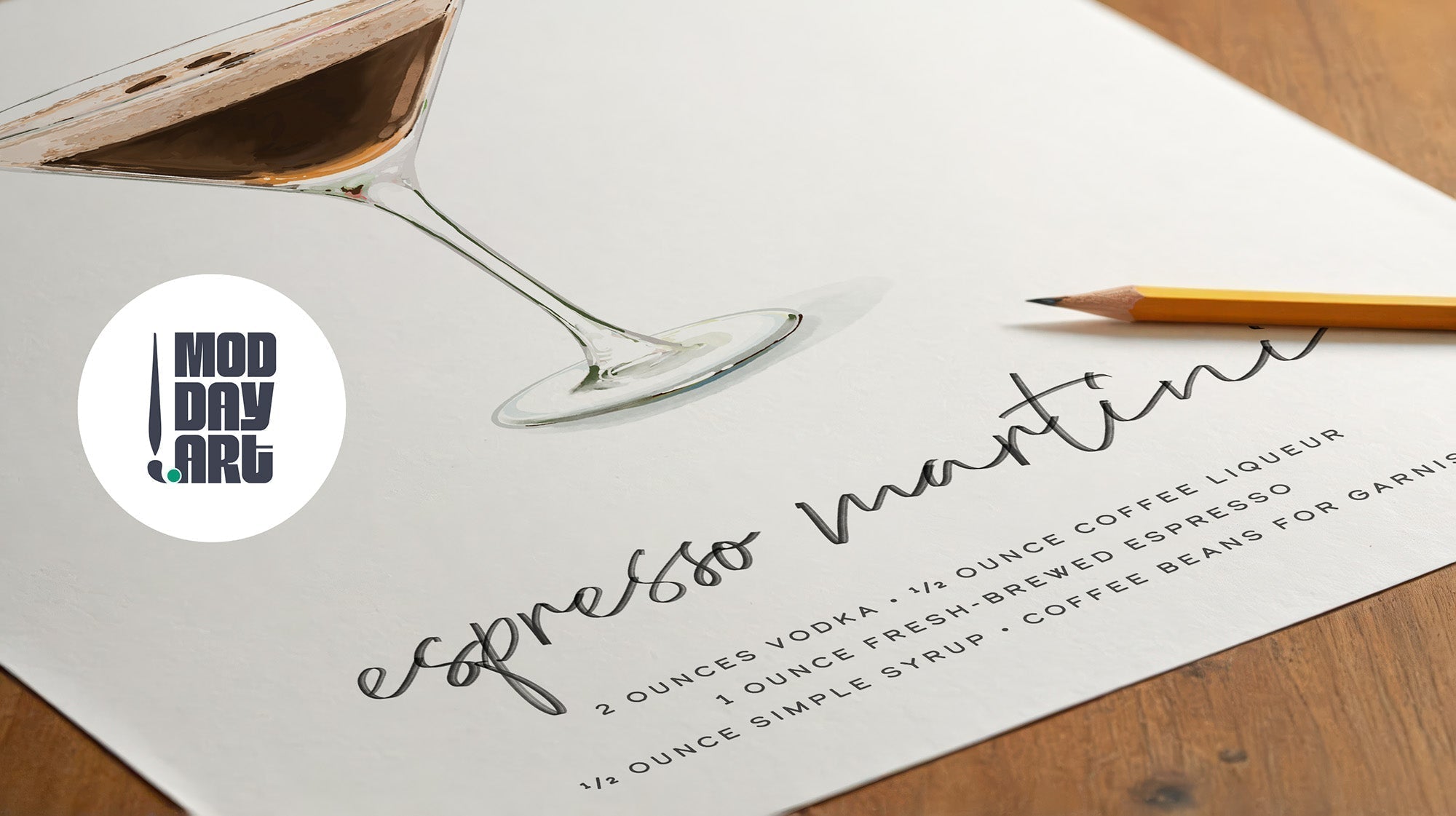 Hand-drawn Espresso Martini illustration in a martini glass beside the handwritten vodka and coffee liqueur recipe, Mod Day Art logo overlay.