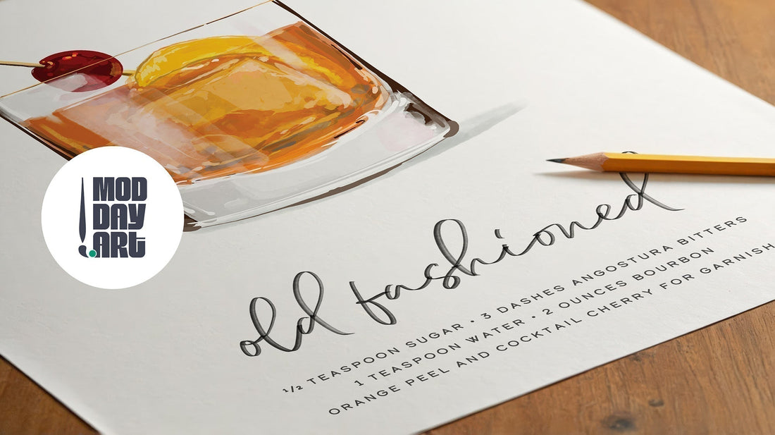 Hand-drawn Old Fashioned cocktail illustration with cherry and orange peel garnish beside the handwritten bourbon recipe, Mod Day Art logo overlay.