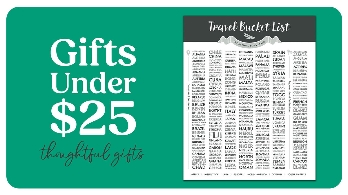 Green "Gifts Under $25: thoughtful gifts" banner with the Travel Bucket List poster