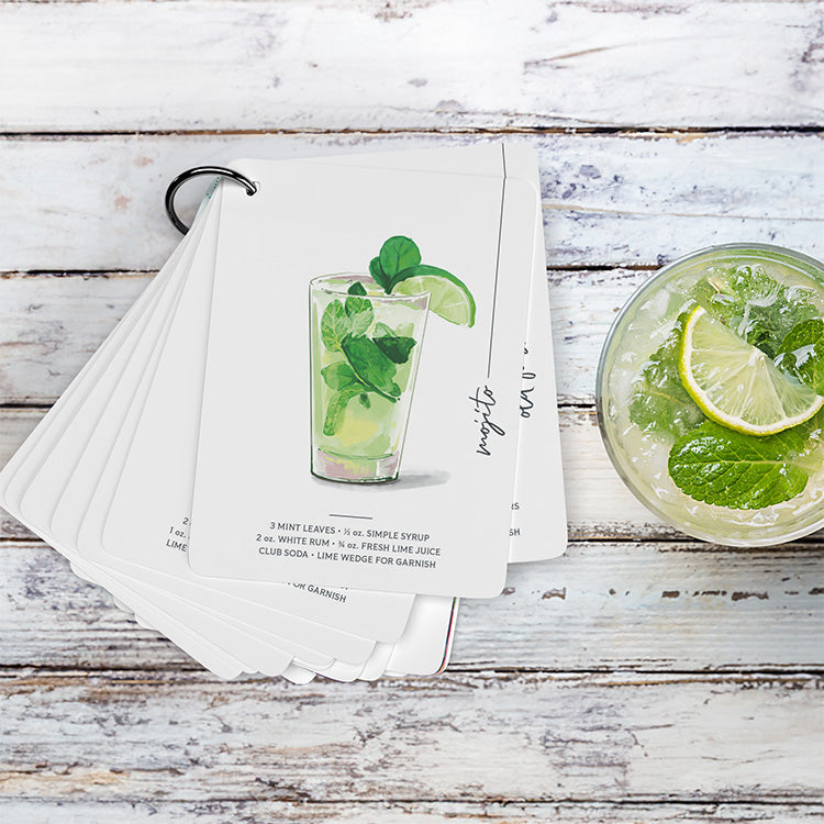 Illustrated Mixology cocktail recipe cards featuring colorful drink illustrations - bar accessories and bartender training flashcards for home mixology