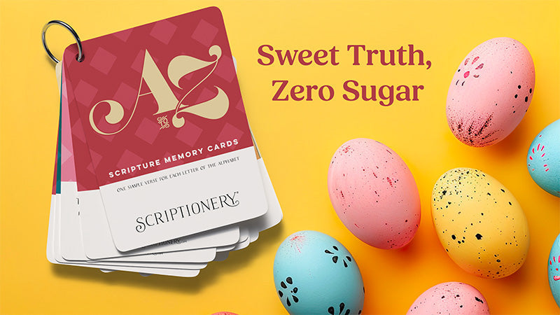 ABC Scripture Memory Cards with colorful Easter eggs—Christian Easter basket stuffer for kids