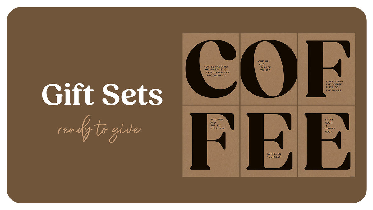 Brown "Gift Sets: ready to give" banner with the six-print COFFEE wall art set on kraft paper