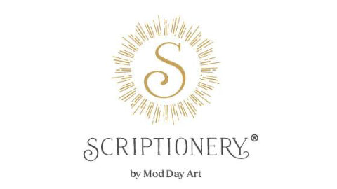 Scriptionery by Mod Day Art logo featuring a gold sunburst monogram.