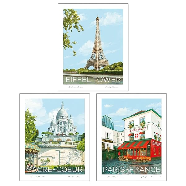 Paris wall art collection featuring the Eiffel Tower, Scare Couer, and Le Consulat cafe.