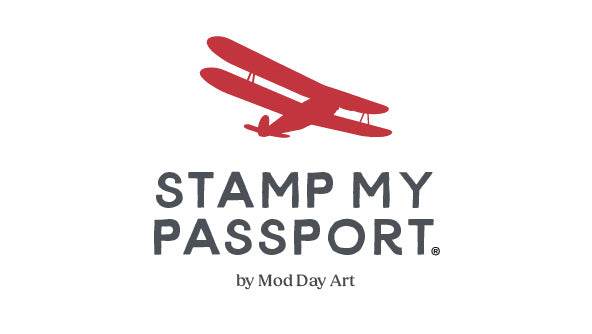Stamp My Passport by Mod Day Art logo featuring a red vintage biplane icon.