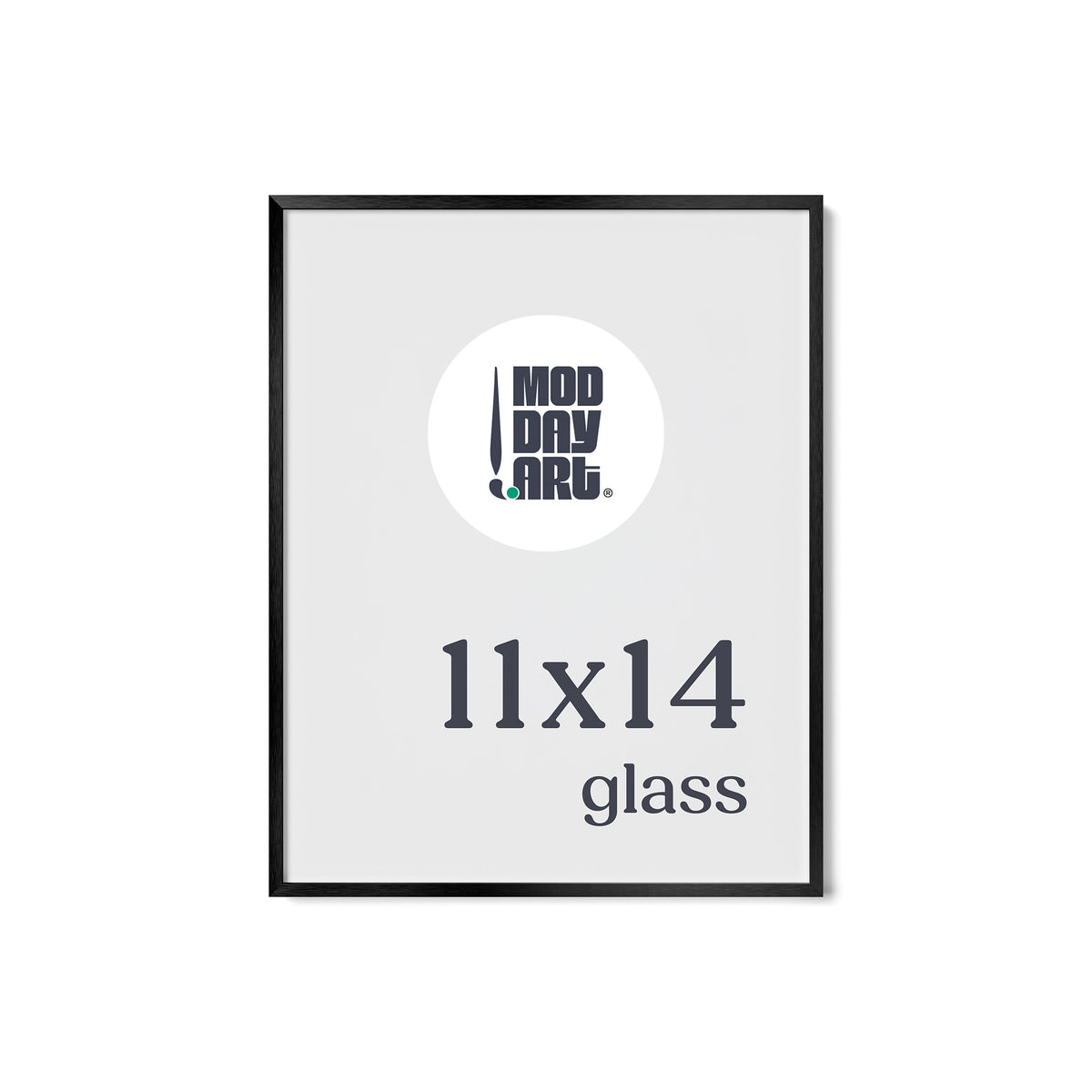 Premium Metal Picture Frame in Black, 11x14 size with glass and no mat, shown empty with a Mod Day Art logo placeholder.