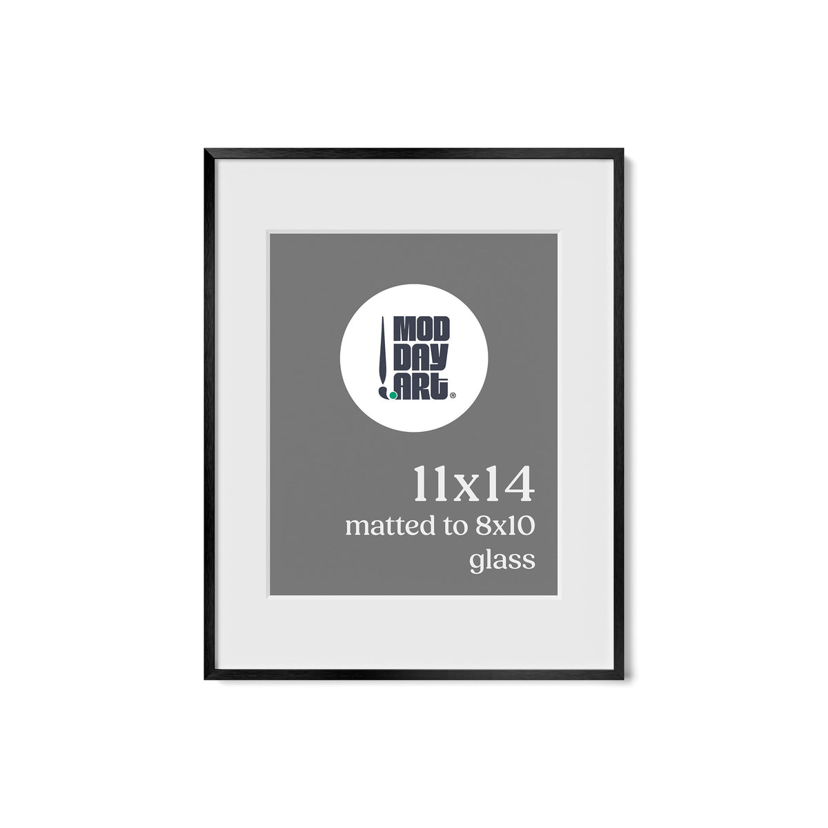 Premium Metal Picture Frame in Black, 11x14 size with a white mat that holds an 8x10 print, shown empty with a Mod Day Art logo placeholder.