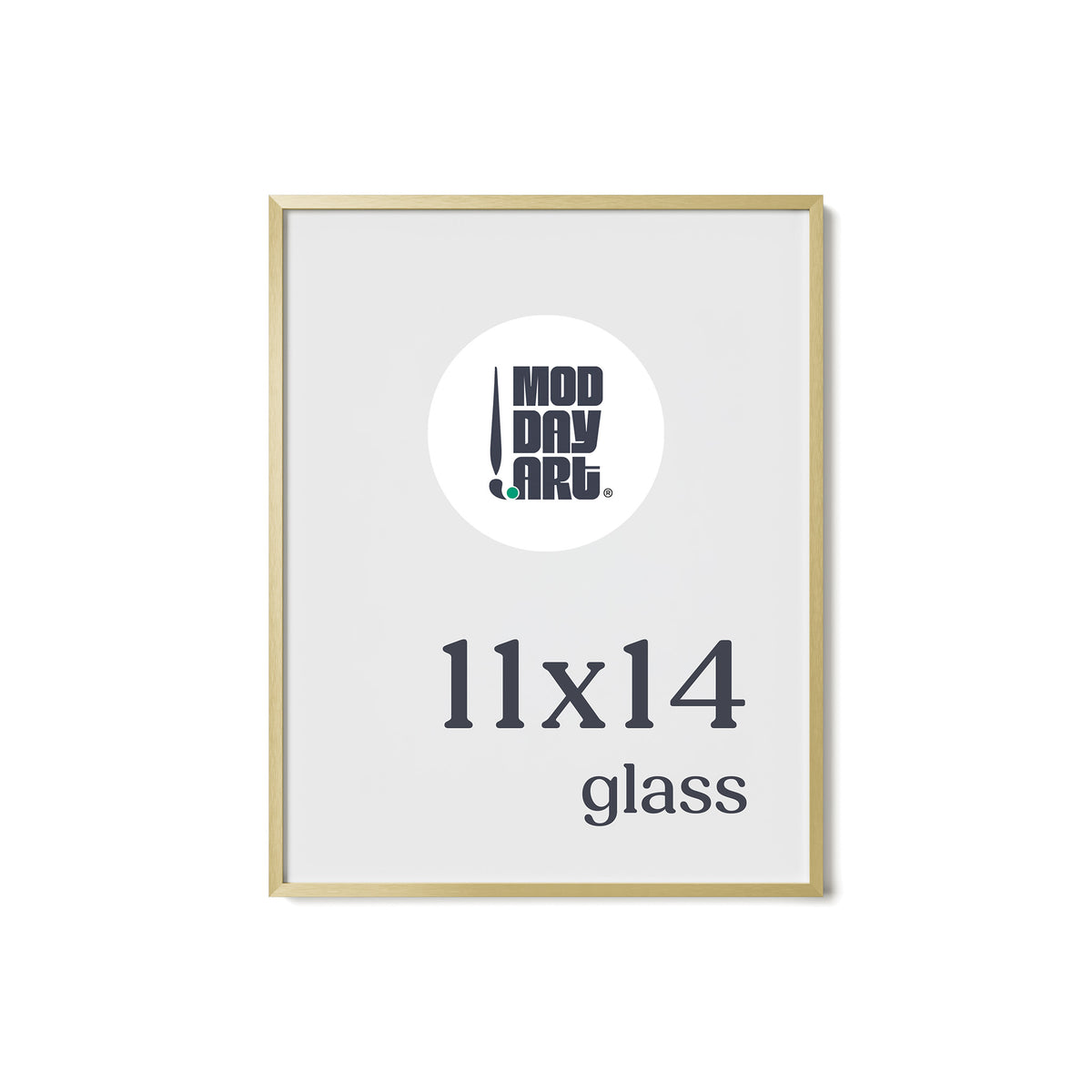 Premium Metal Picture Frame in Gold, 11x14 size with glass and no mat, shown empty with a Mod Day Art logo placeholder.