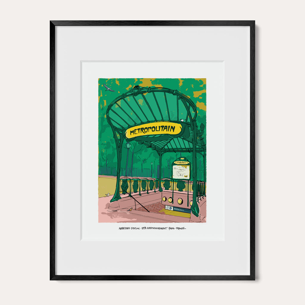 Abbesses Station, Paris art print in a black metal frame with a white mat, shown as the 11 x 14 inch frame matted to 8 x 10. The green Art Nouveau Metro entrance stands under its yellow Metropolitain sign.