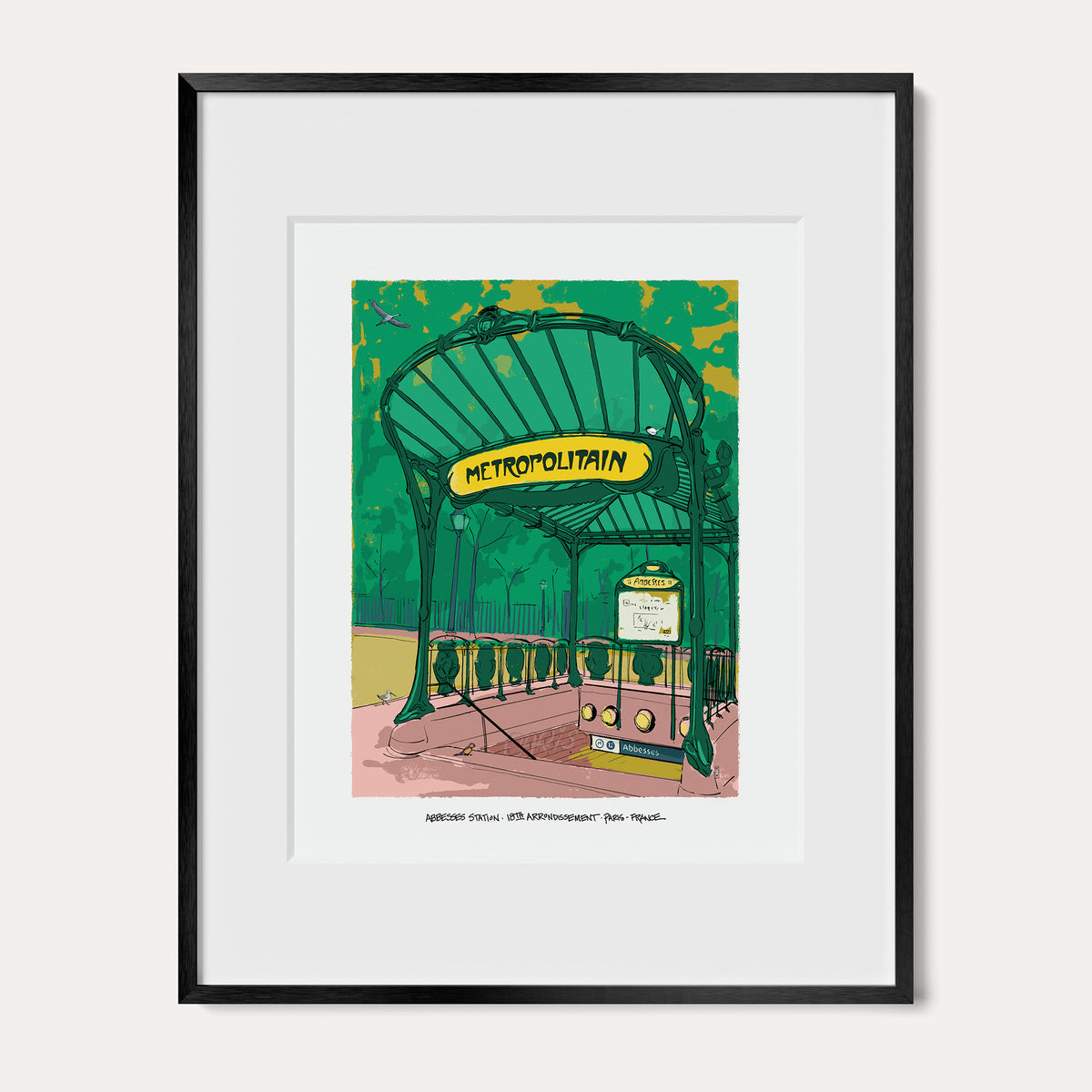 Abbesses Station, Paris art print in a black metal frame with a white mat, shown as the 11 x 14 inch frame matted to 8 x 10. The green Art Nouveau Metro entrance stands under its yellow Metropolitain sign.