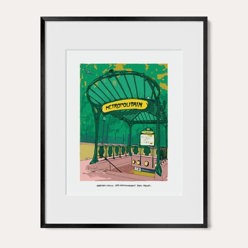 Abbesses Station, Paris art print in a black metal frame with a white mat, shown as the 11 x 14 inch frame matted to 8 x 10. The green Art Nouveau Metro entrance stands under its yellow Metropolitain sign.
