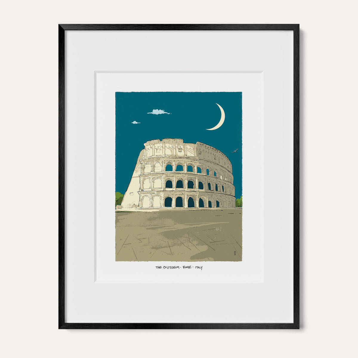 The Colosseum, Rome art print in a black metal frame with a white mat, shown as the 11 x 14 inch frame matted to 8 x 10. The Colosseum stands under a crescent moon and a deep teal sky.