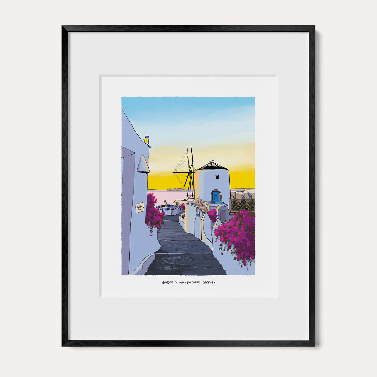 Sunset in Oia, Santorini art print in a black metal frame with a white mat, shown as the 11 x 14 inch frame matted to 8 x 10. A whitewashed lane with pink bougainvillea leads to a windmill at sunset.