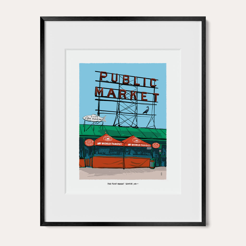 Pike Place Market, Seattle art print in a black metal frame with a white mat, shown as the 11 x 14 inch frame matted to 8 x 10. The red Public Market sign stands above the market's red tents.