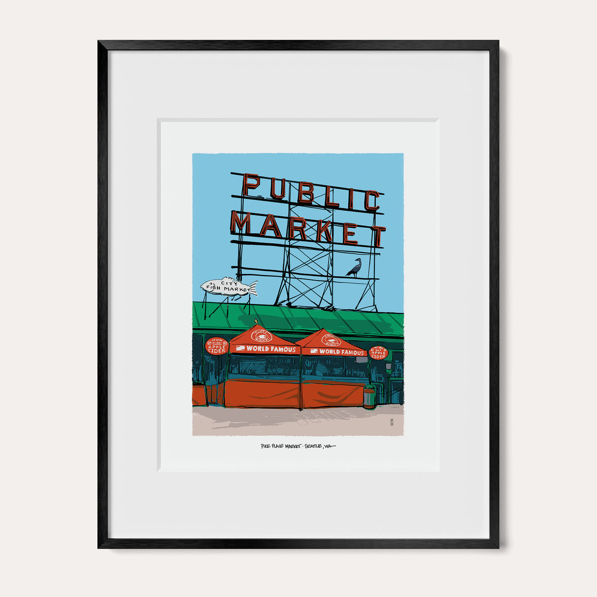 Pike Place Market, Seattle art print in a black metal frame with a white mat, shown as the 11 x 14 inch frame matted to 8 x 10. The red Public Market sign stands above the market's red tents.