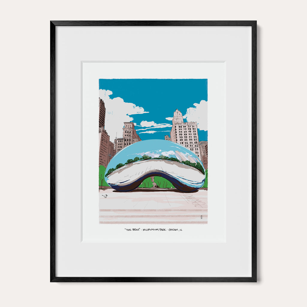 Chicago, The Bean art print in a black metal frame with a white mat, shown as the 11 x 14 inch frame matted to 8 x 10. Cloud Gate reflects the sky and the Chicago buildings around it.